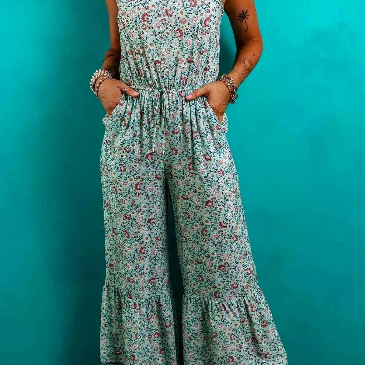 Bohemian Floral Ruffle Bottom Spaghetti Strap Jumpsuit