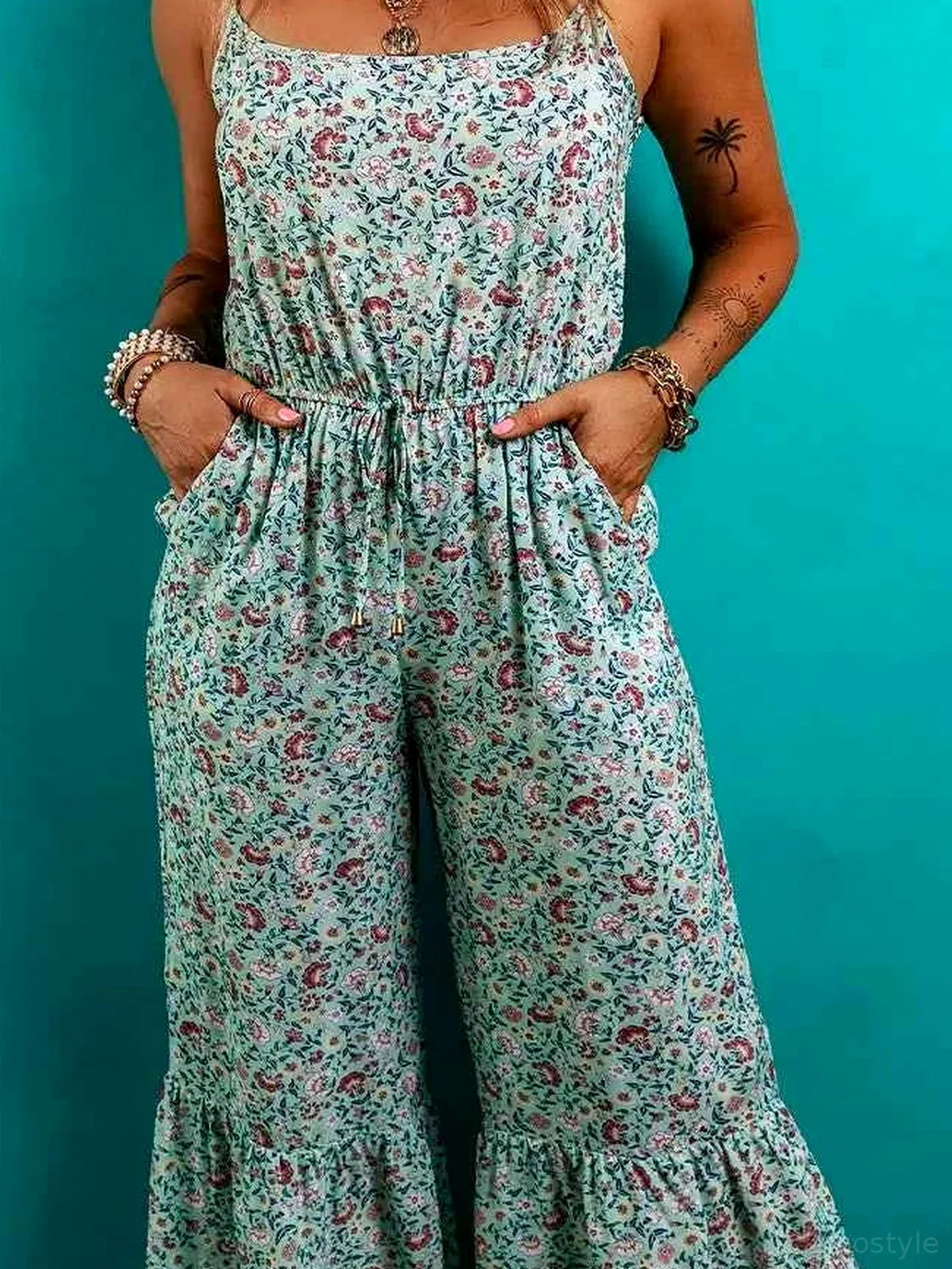 Bohemian Floral Ruffle Bottom Spaghetti Strap Jumpsuit