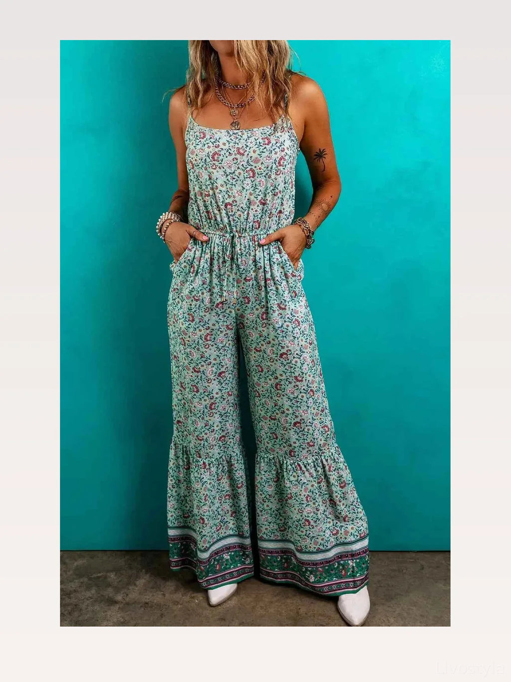 Bohemian Floral Ruffle Bottom Spaghetti Strap Jumpsuit
